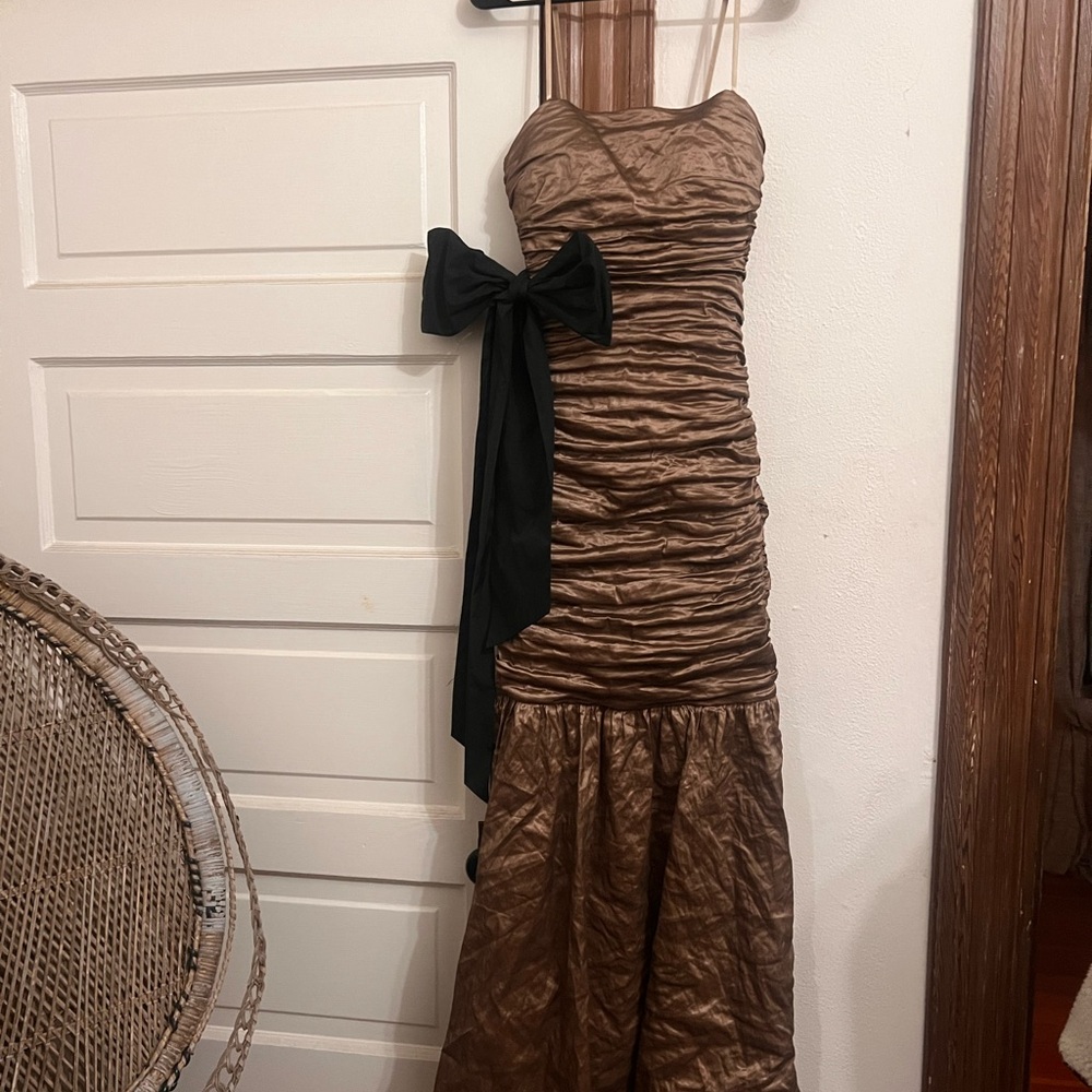 BCBGMaxAzria Strapless Bronze Dress with Black Bow
